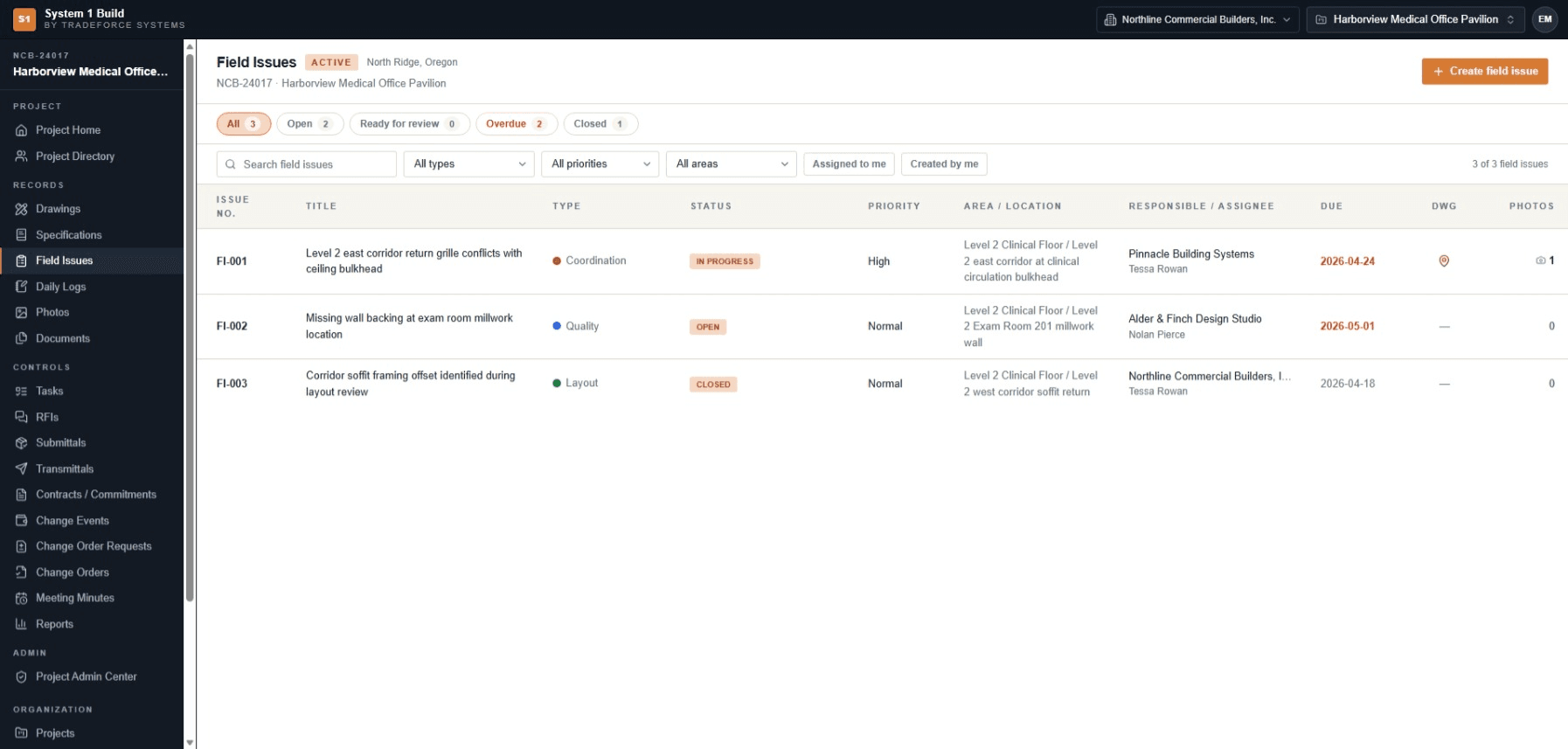 System 1 Build field issues register showing issue type, status, priority, responsible company, assignee and due date.