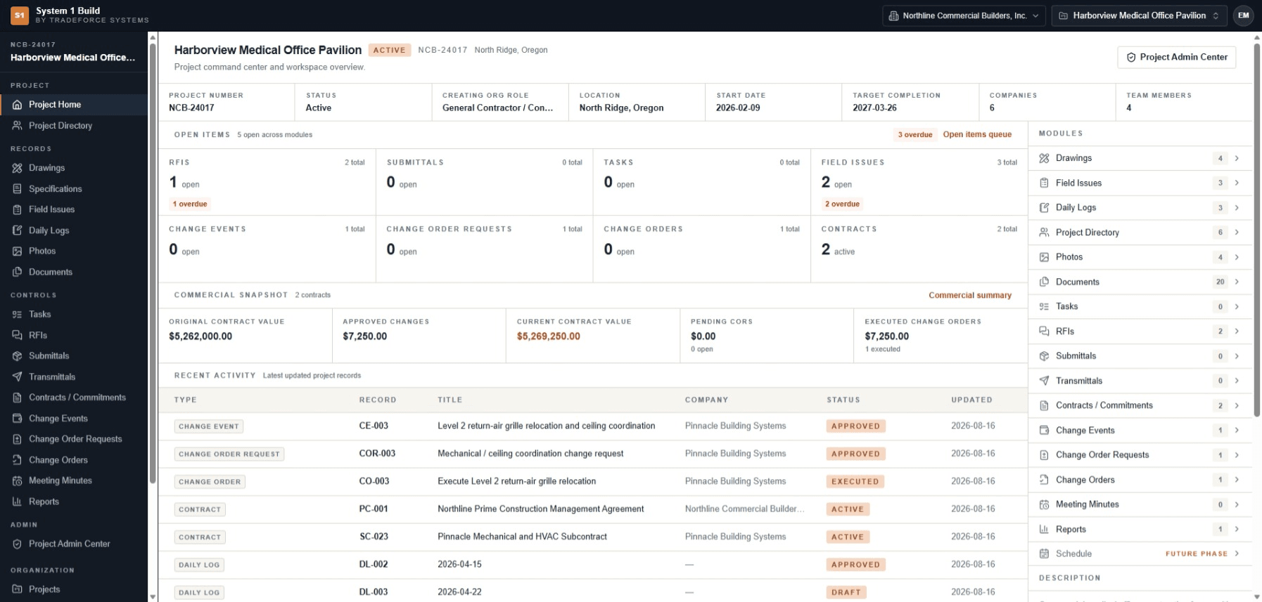 System 1 Build project home showing the project meta strip with project number, status and location, open item counts by record type and the commercial snapshot.